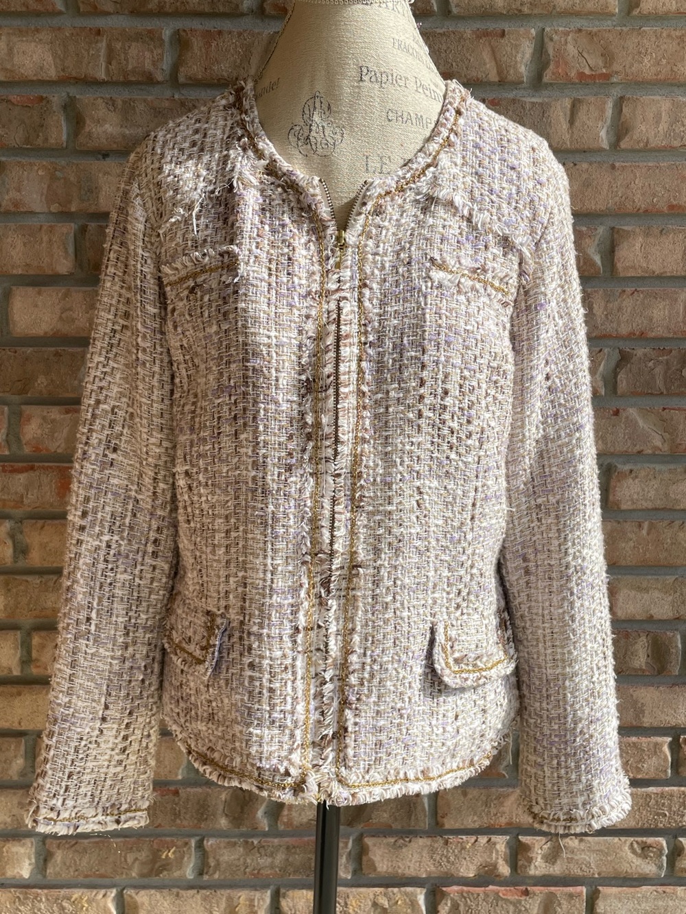 Chico's Cream Bouclé Classic Tweed Jacket with Subtle Lavender Threading